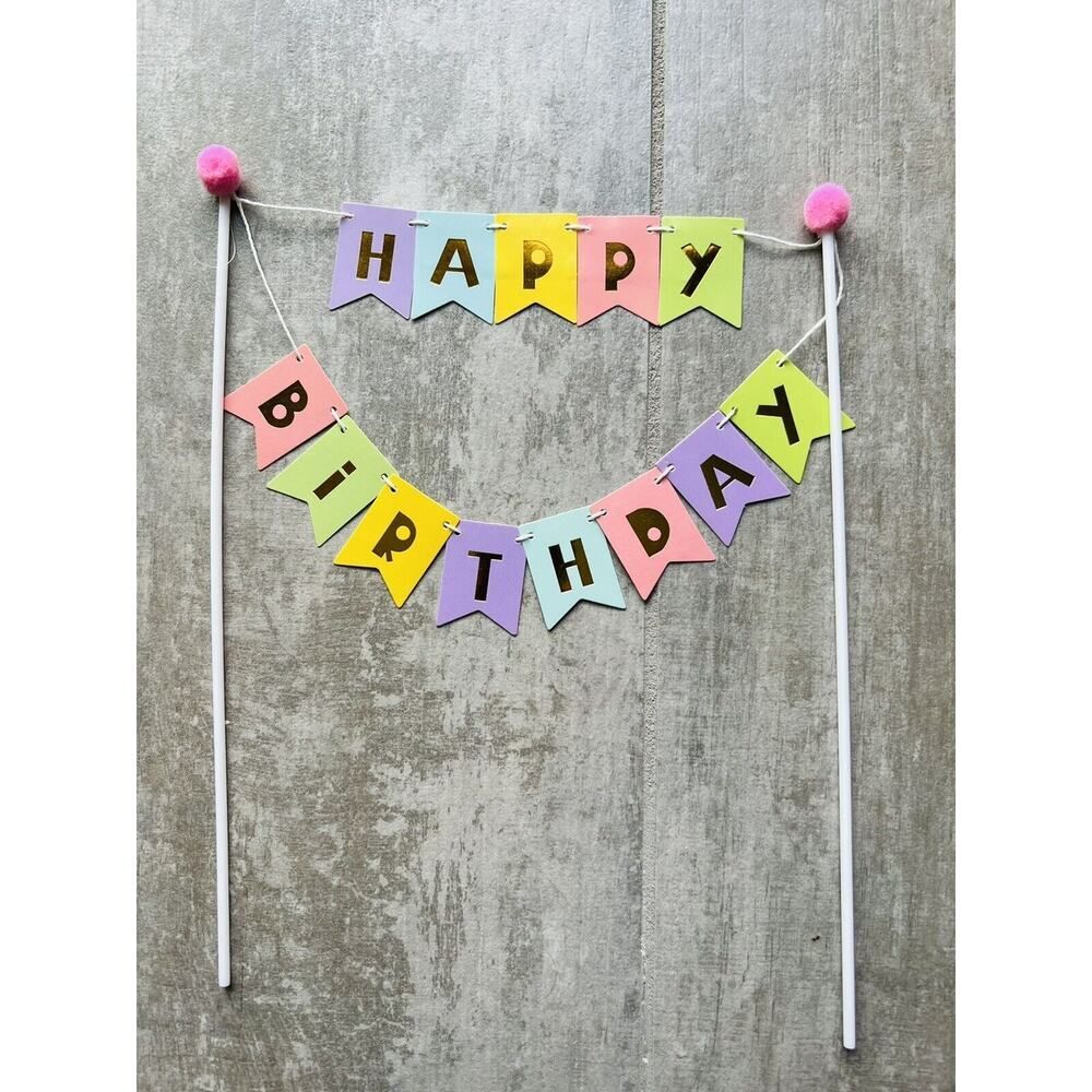 Happy Birthday Cake Topper String Banner NEW Rainbow Pastel Pom Pom Girls Kids
